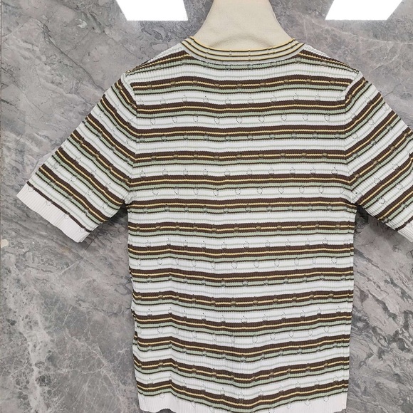 Miu Miu White, Olive & Brown Striped Short‑Sleeve V‑Neck Cardigan - Picture 2 of 9